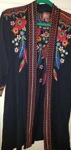 Navy embroidered open cardigan with 3/4 sleeves